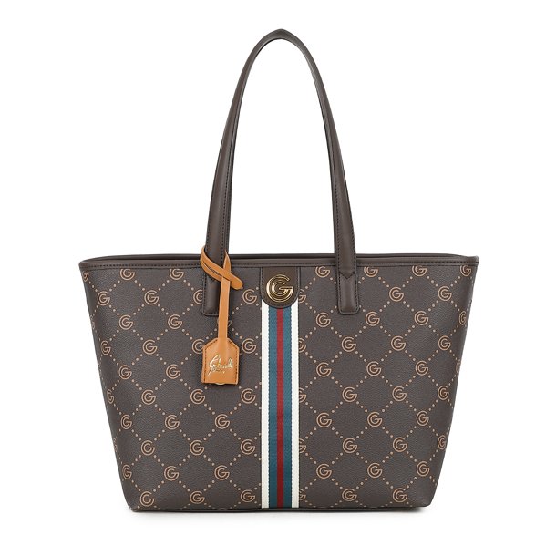 Gabriella G Firenze Tiziana shopper i m�rkebrun med G-m�nster, striber i gr�n, r�d og creme samt guldfarvet G-logo set forfra