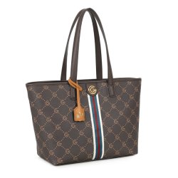 Gabriella G Firenze Tiziana m�rkebrun shopper set skr�t fra siden med lange skulderhanke, monogramm�nster og dekorativt vedh�ng