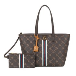Gabriella G Firenze Tiziana shopper i m�rkebrun med matchende aftagelig pouch, G-m�nster og dekorative stribe