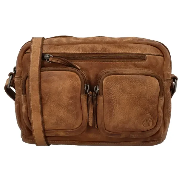 Hide & Stitches Paint Rock skuldertaske cognac set forfra med frontlommer