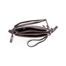 Elegant mrkebrun clutch i skind med flere lynlsrum – set ovenfra