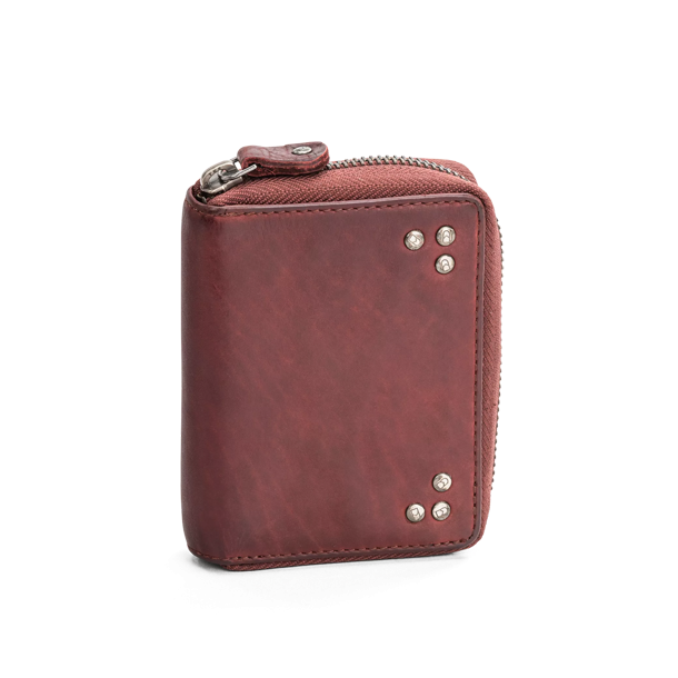 Bordeaux pung i skind med lynls og nitter – frontbillede