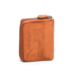 Vintage pung i cognac skind med diskret logo – set bagfra