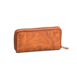 Cognacfarvet pung i skind med lynls – set forfra