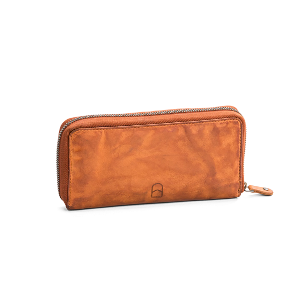 Cognacfarvet pung i skind med lynls – set forfra