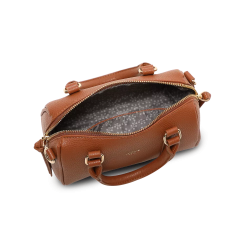 Indvendigt rum i Lycke Sandnes hndtaske cognac med lynls og mnstret foer