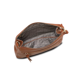 Indvendig visning af Lycke Oslo Sandnes crossover taske cognac – rummeligt hovedrum med mnstret foring