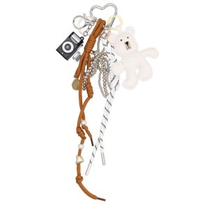Billede 1: Hvid trendy Bag Charm taskesmykke med bamse kamera k�der og snore
