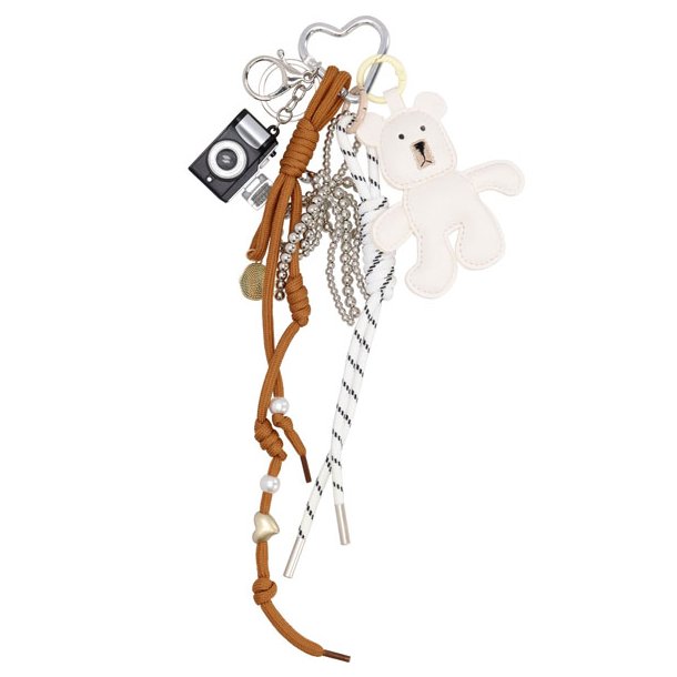 Billede 1: Hvid trendy Bag Charm taskesmykke med bamse kamera k�der og snore