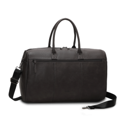 Brun weekendtaske med skulderrem og brehndtag set forfra