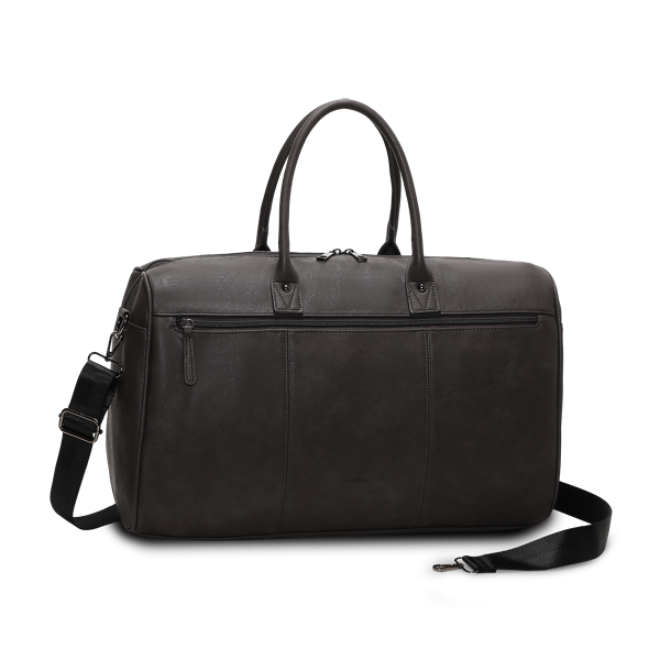 Brun weekendtaske med skulderrem og brehndtag set forfra