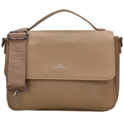 Charm London Mulberry Street h�ndtaske i taupe set forfra med struktureret overflade, frontklap, b�reh�ndtag og bred justerbar skulderrem.