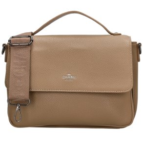 Charm London Mulberry Street h�ndtaske i taupe set forfra med struktureret overflade, frontklap, b�reh�ndtag og bred justerbar skulderrem.