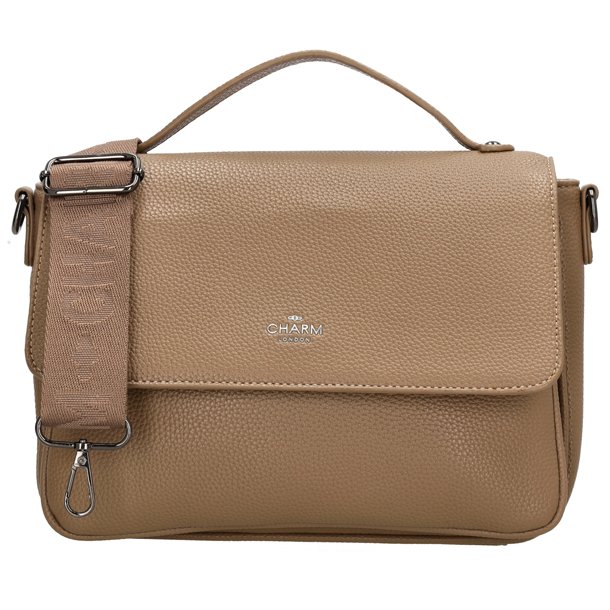 Charm London Mulberry Street h�ndtaske i taupe set forfra med struktureret overflade, frontklap, b�reh�ndtag og bred justerbar skulderrem.
