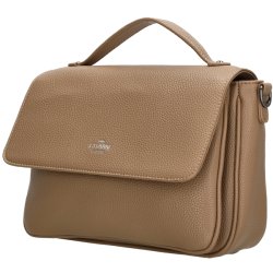 Charm London Mulberry Street taupe skuldertaske set skr�t forfra med afrundet klap, kort b�reh�ndtag og rummelig sideprofil.