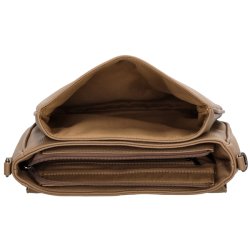 �ben Charm London Mulberry Street taske i taupe med rum under frontklappen, separat lynl�srum og brun indvendig foring.