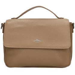Charm London Mulberry Street taupe h�ndtaske set direkte forfra med stor frontklap, s�lvfarvet logo og kort b�reh�ndtag.