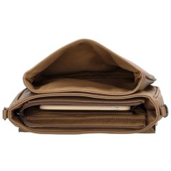 Charm London Mulberry Street taske set oppefra med �bne rum, lynl�slukning og mobiltelefon placeret i det indvendige rum.