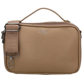 Charm London Mulberry Street skuldertaske i taupe set forfra med bred tekstilrem, kort b�reh�ndtag og s�lvfarvet logo.