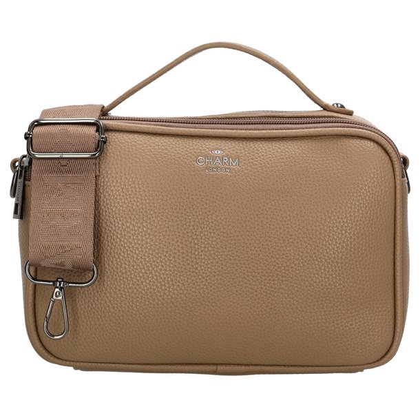 Charm London Mulberry Street skuldertaske i taupe set forfra med bred tekstilrem, kort b�reh�ndtag og s�lvfarvet logo.