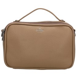 Charm London Mulberry Street taupe skuldertaske set forfra uden skulderrem med diskret logo, struktureret overflade og b�reh�ndtag.