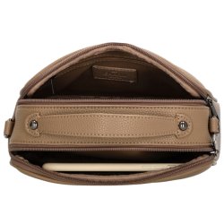 Charm London Mulberry Street skuldertaske set oppefra med �bne lynl�srum og mobiltelefon placeret i det forreste rum.