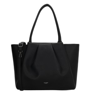 Charm London Lyon sort businessbag set forfra med dekorative folder, lange skulderhanke og aftagelig skulderrem.