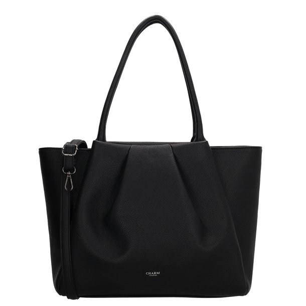 Charm London Lyon sort businessbag set forfra med dekorative folder, lange skulderhanke og aftagelig skulderrem.