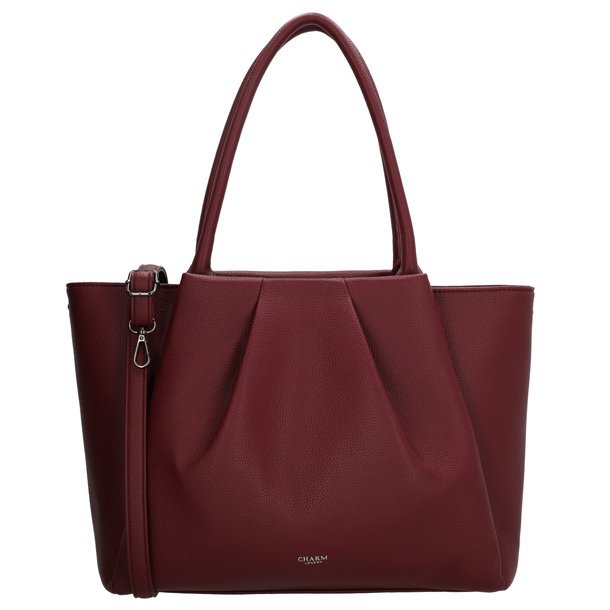 Charm London Lyon bordeaux businessbag set forfra med dekorative folder, lange skulderhanke og aftagelig skulderrem.