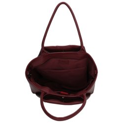 Charm London Lyon bordeaux computertaske set oppefra med �bent hovedrum, vinr�d foring og indvendige opbevaringslommer.
