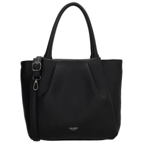 Charm London Lyon shopper i sort set forfra med dekorative folder, lange skulderhanke, aftagelig skulderrem og diskret logo.