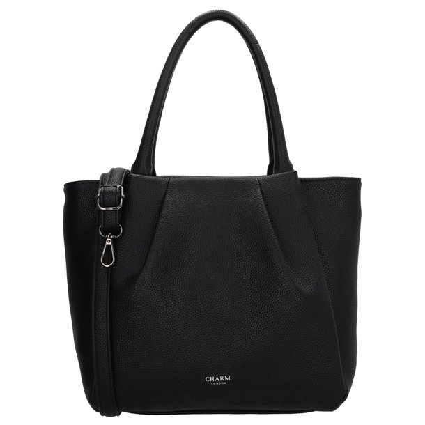 Charm London Lyon shopper i sort set forfra med dekorative folder, lange skulderhanke, aftagelig skulderrem og diskret logo.