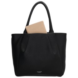 Charm London Lyon sort shopper med beige notesbog placeret i tasken, som illustrerer dens rummelige design.