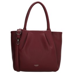 Charm London Lyon shopper i bordeaux set forfra med dekorative folder, lange hanke, aftagelig skulderrem og diskret logo.