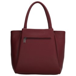 Bagsiden af Charm London Lyon shopper i bordeaux med vandret lynl�slomme, lange hanke og s�lvfarvede detaljer.