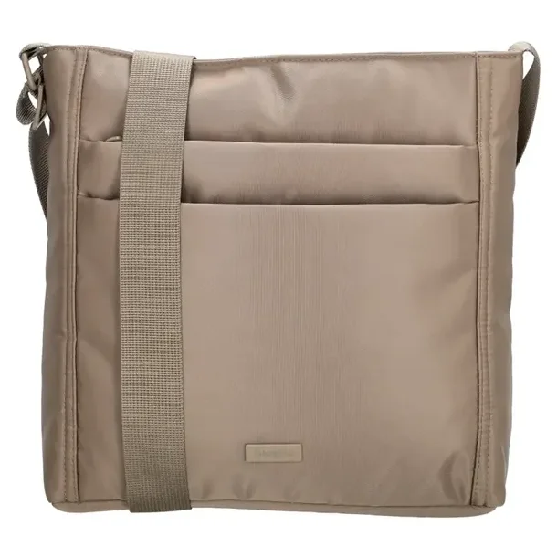 Beagles skuldertaske taupe set forfra med praktiske frontlommer