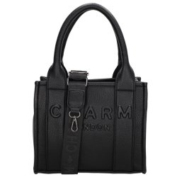 Charm London Bond sort h�ndtaske set forfra med stort pr�get logo, to b�rehanke og bred aftagelig skulderrem.