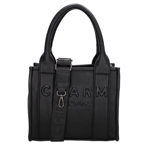 Charm London Bond sort h�ndtaske set forfra med stort pr�get logo, to b�rehanke og bred aftagelig skulderrem.