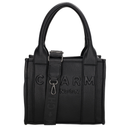 Fritlagt produktbillede af Charm London Bond sort h�ndtaske med bred logorem, to hanke og pr�get logo p� fronten.
