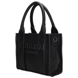 Charm London Bond sort minishopper set skr�t fra siden med struktureret overflade, lodrette detaljer og metalring til skulderrem.