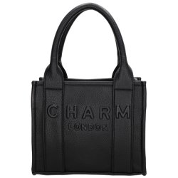 Charm London Bond sort h�ndtaske uden skulderrem med stort pr�get CHARM LONDON-logo og markante hankef�ster.