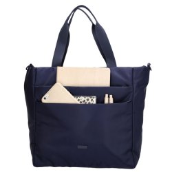 “Beagles Duomo shopper navy – frontlomme fyldt med tablet, mobil og tilbehr”