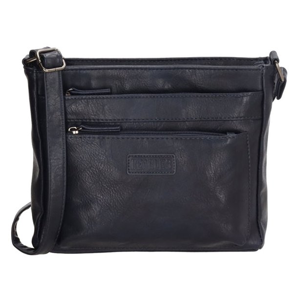 Navy Beagles Murcia skuldertaske set forfra med lynlslommer og justerbar rem.