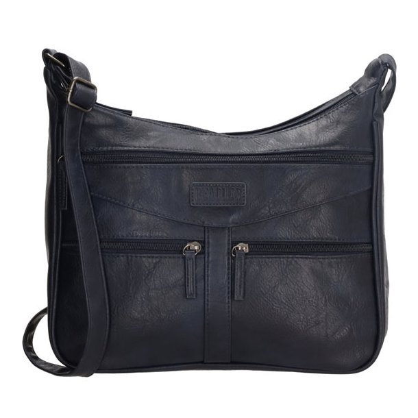 Navy Beagles Murcia skuldertaske set forfra med flere lynlslommer og justerbar rem.