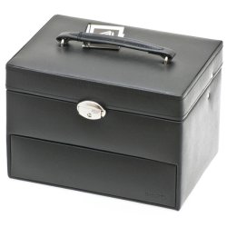 Sort Davidts Euclide smykkeskrin lukket med metalbeslag p fronten.