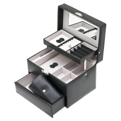 Indvendigt rum i sort Davidts Euclide smykkeskrin med spejl og rejseetui.