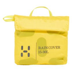 Sammenfoldet Haglfs regnslag 15–30L i opbevaringspose med logo og brehank.