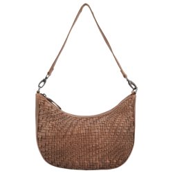 Brun flettet skuldertaske vist forfra med kort rem