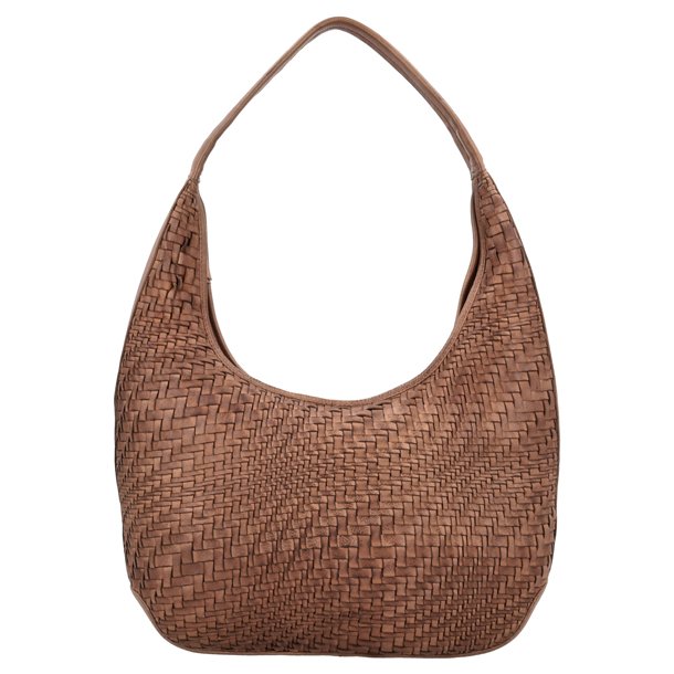 Stor brun Hide & Stitches skuldertaske med flettet front set forfra