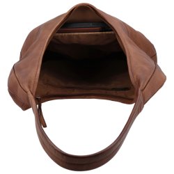 Skuldertaske i cognac med bent hovedrum og rumdeling